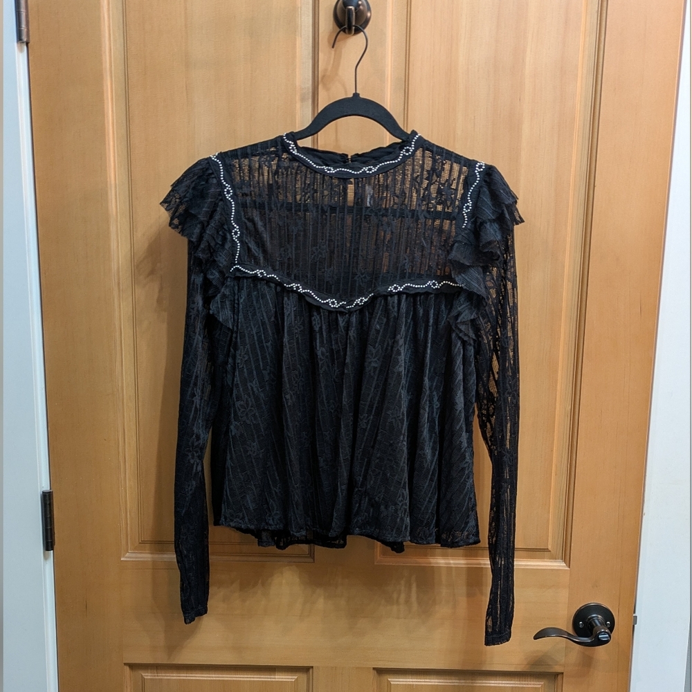 Free People Black Lace Ruffle Blouse